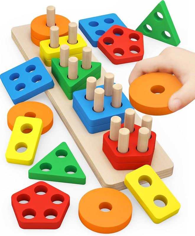 جاگذاری اشکال هندسی چوبی ۵ ستونه (Wooden Geometric Shape Sorter Stacker Toy)