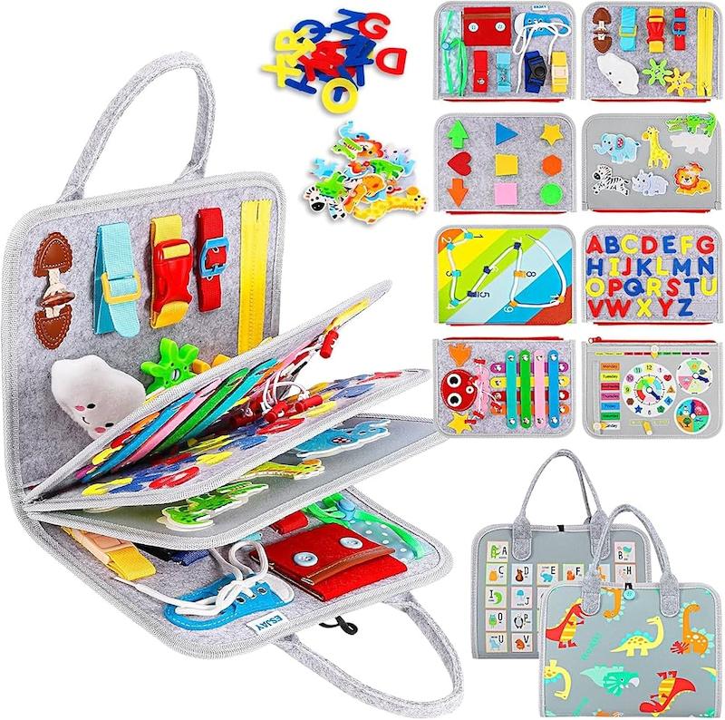 کیف کتابی چسبی ۲۰ در ۱ آموزش مهارت‌های مونتسوری (AMERTEER 20 in 1 Montessori Felt Busy Book - Gray)