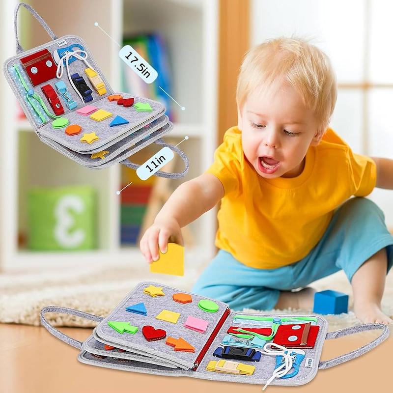 کیف کتابی چسبی ۲۰ در ۱ آموزش مهارت‌های مونتسوری (AMERTEER 20 in 1 Montessori Felt Busy Book - Gray)