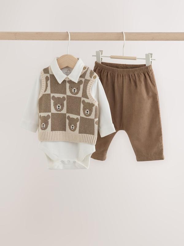 ست جلیقه بافت، بادی و شلوار نوزادی قهوه‌ای | Next baby set