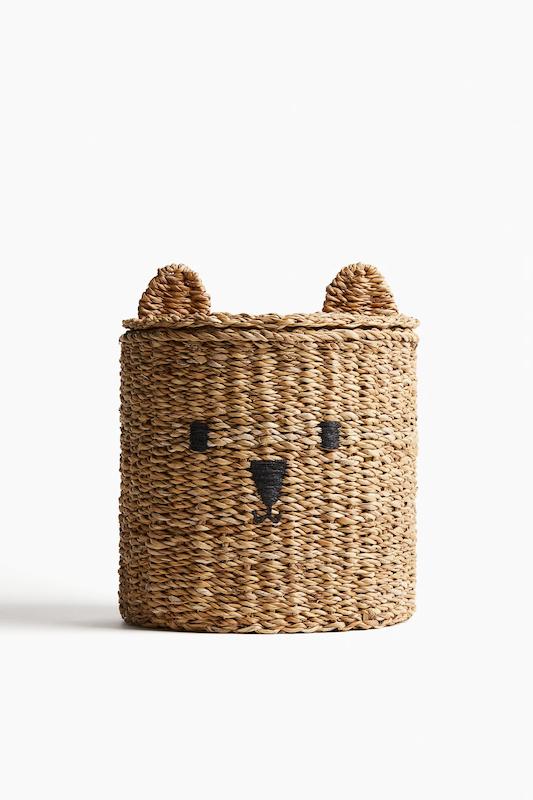 سبد حصیری دردار طرح خرس اچ اند ام (H&M Storage Basket with a Lid - Beige/Seagrass)