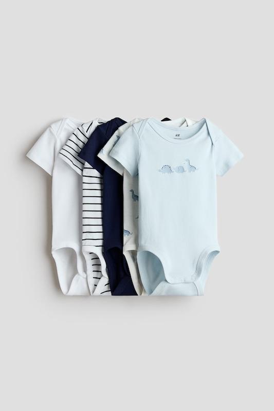 پک ۵ عددی بادی آستین کوتاه نوزادی طرح دایناسور آبی اچ اند ام (H&M 5-Pack Cotton Bodysuits - Light Blue/Dinosaurs)
