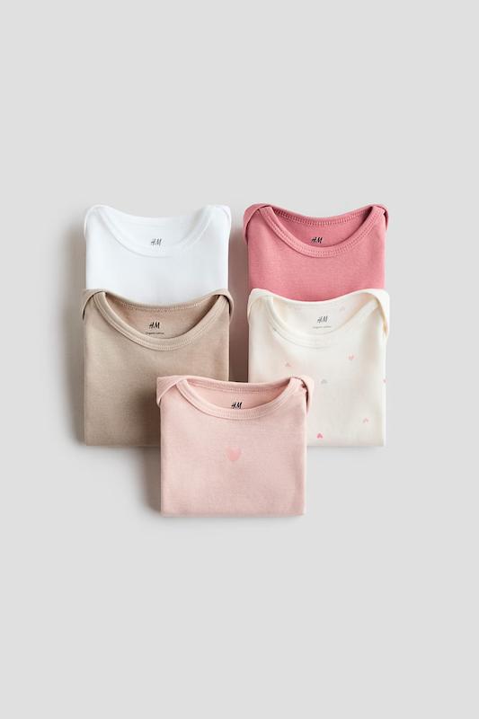 پک ۵ عددی بادی آستین کوتاه نوزادی رنگ‌های صورتی و نود اچ اند ام (H&M 5-Pack Cotton Bodysuits - Pink/Nude)