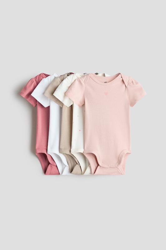 پک ۵ عددی بادی آستین کوتاه نوزادی رنگ‌های صورتی و نود اچ اند ام (H&M 5-Pack Cotton Bodysuits - Pink/Nude)