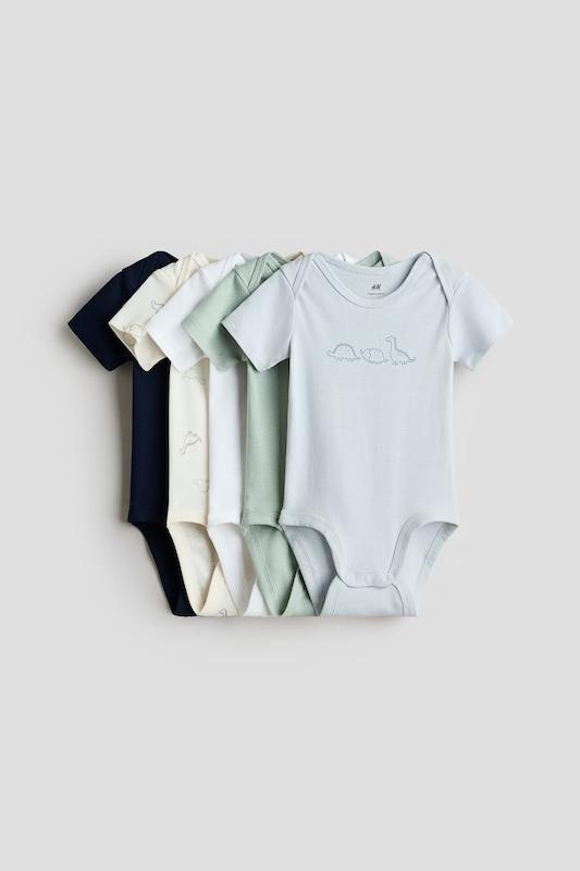 پک ۵ عددی بادی آستین کوتاه نوزادی تم سبز و دایناسور اچ اند ام (H&M 5-Pack Cotton Bodysuits - Sage Green/Dinosaurs)