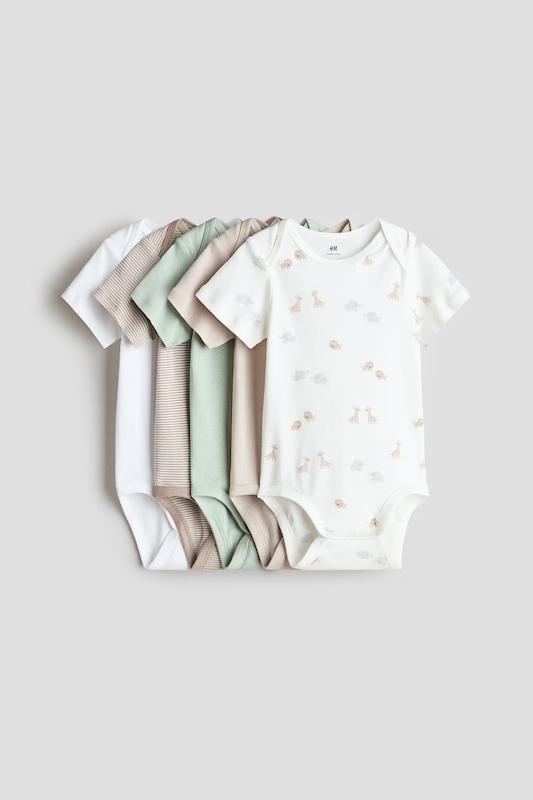 پک ۵ عددی بادی آستین کوتاه نوزادی طرح حیوانات و خط‌دار اچ اند ام (H&M 5-Pack Cotton Bodysuits - White/Animals)
