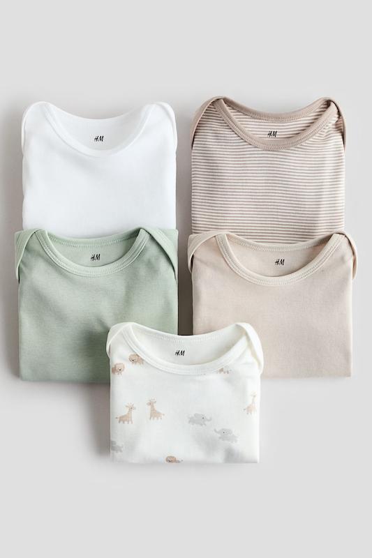 پک ۵ عددی بادی آستین کوتاه نوزادی طرح حیوانات و خط‌دار اچ اند ام (H&M 5-Pack Cotton Bodysuits - White/Animals)