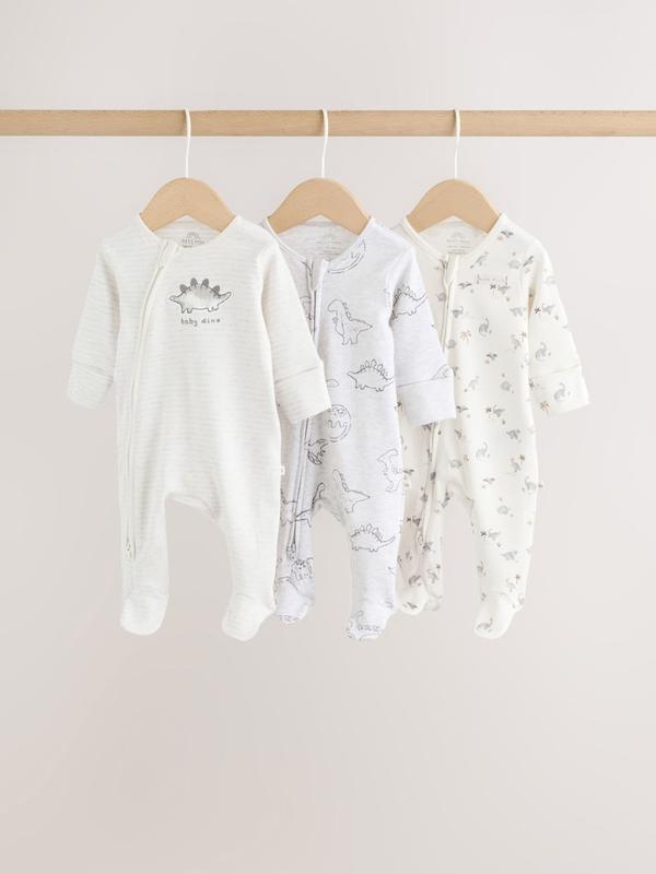 ست سرهمی نوزادی ۳ عددی زیپ‌دار طرح خاکستری و دایناسور | Next sleepsuits
