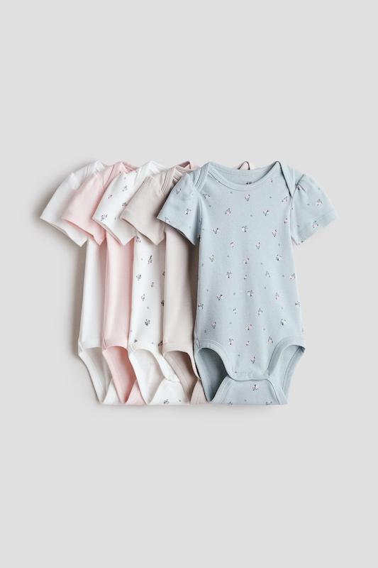 پک ۵ عددی بادی آستین کوتاه طرح گل‌دار اچ اند ام (H&M 5-Pack Cotton Bodysuits - Light Blue/Flowers)