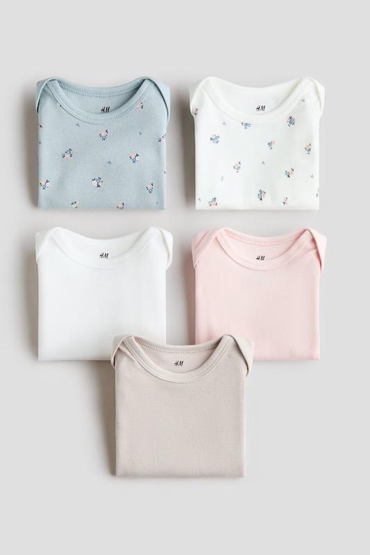 پک ۵ عددی بادی آستین کوتاه طرح گل‌دار اچ اند ام (H&M 5-Pack Cotton Bodysuits - Light Blue/Flowers)