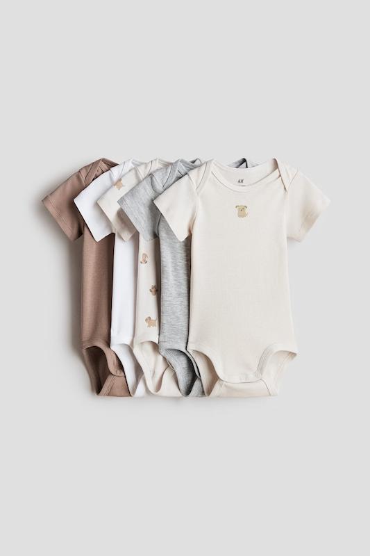 پک ۵ عددی بادی آستین کوتاه طرح سگ اچ اند ام (H&M 5-Pack Cotton Bodysuits - Light Beige/Dogs)