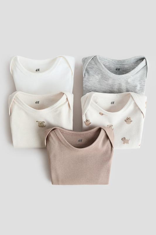 پک ۵ عددی بادی آستین کوتاه طرح سگ اچ اند ام (H&M 5-Pack Cotton Bodysuits - Light Beige/Dogs)