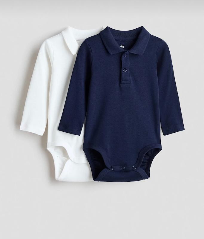 پک ۲ عددی بادی یقه  پولویی آستین بلند اچ اند ام (H&M 2-Pack Long-Sleeve Polo Bodysuits - White/Navy)