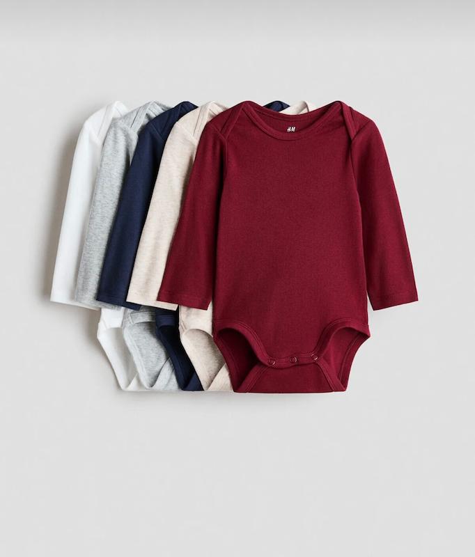 پک ۵ عددی بادی آستین بلند رنگ‌بندی پاییزی اچ اند ام (H&M 5-Pack Long-Sleeve Bodysuits - Burgundy/Navy/Grey)