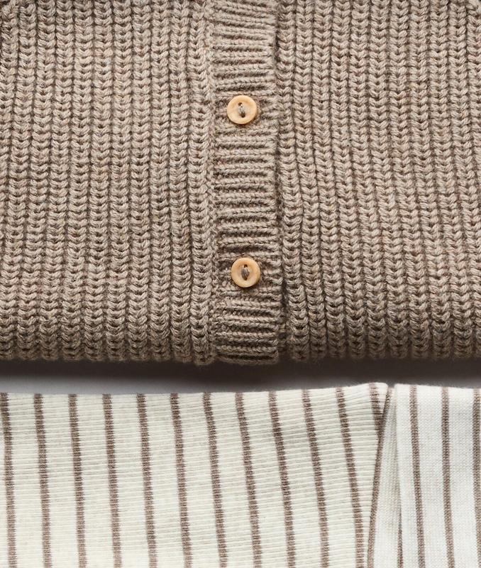 ست ۲ تکه بافتنی پنبه‌ای ژاکت و شلوار راهراه اچ اند ام (H&M 2-Piece Cotton Knit Set - Taupe/Striped)