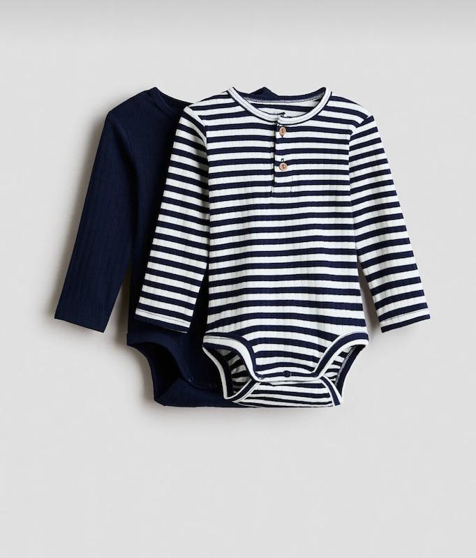 پک ۲ عددی بادی آستین بلند طرح هنلی اچ اند ام (H&M 2'li Henley Tarzında Body - Navy & Striped)
