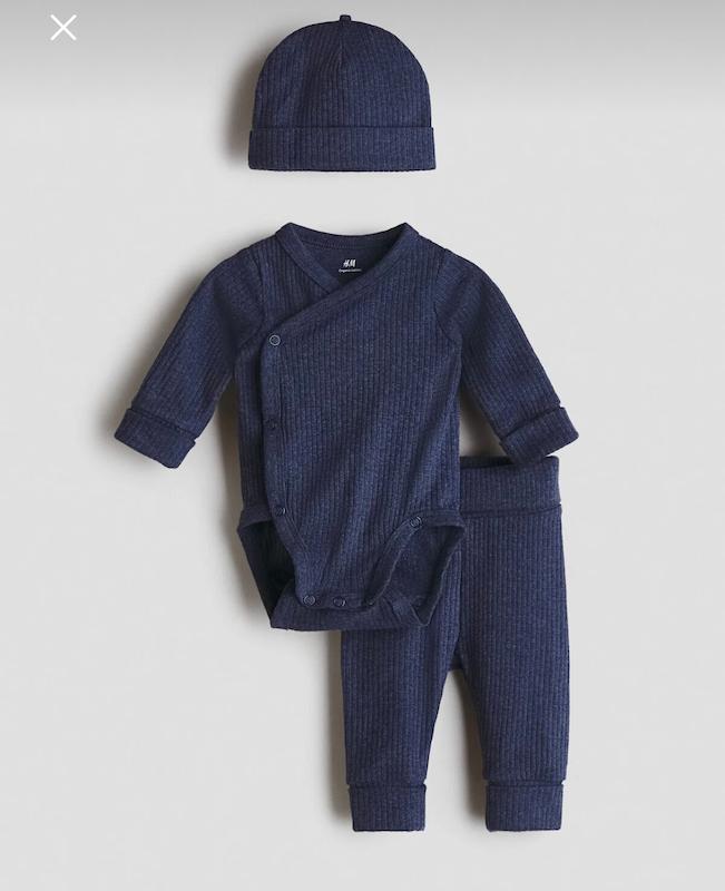ست ۳ تکه قابلیت رشد (بادی، شلوار و کلاه) اچ اند ام (H&M 3 Parçalı Büyütülebilir Set - Navy Ribbed)