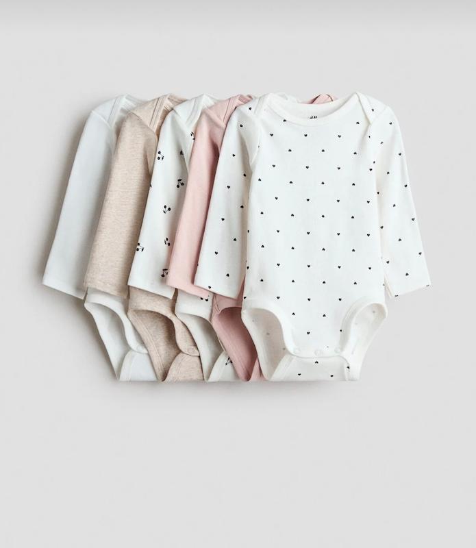 پک ۵ عددی بادی آستین بلند یقه پاکتی اچ اند ام (H&M 5'li Zarf Yakalı Body - Pink/Neutral Set)