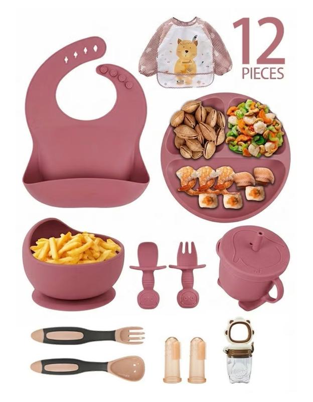 ست ۱۲ تکه غذاخوری سیلیکونی کودک و نوزاد (Silicone Baby Feeding Set - 12 Pcs)