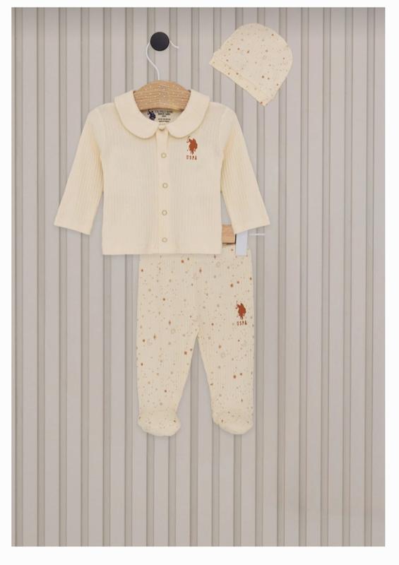 ست ۳ تکه بلوز، شلوار جوراب‌دار و کلاه نوزادی دخترانه کرم یو.اس. پولو اسن | U.S. Polo Assn baby set