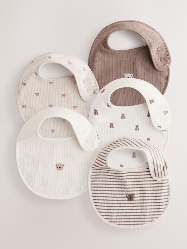 ست پیش‌بند نوزادی ۵ عددی قهوه‌ای و طرح‌دار خرسی نکست | Next baby bibs