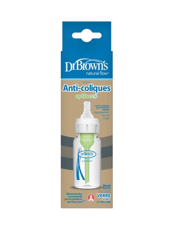شیشه‌شیر پیرکس (شیشه‌ای) ضدکولیک دهانه باریک ۱۲۰ میل دکتر براونز (Dr. Brown's Options+ Narrow Glass Bottle 120ml)