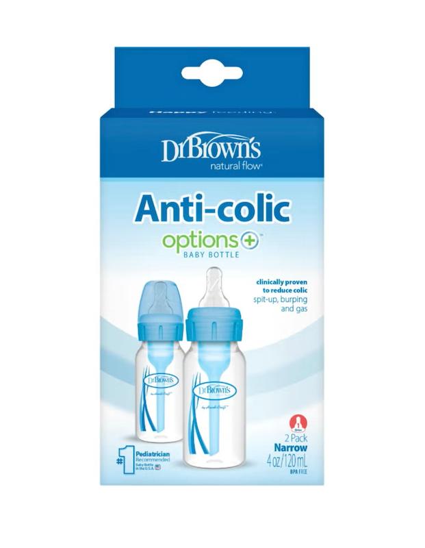 پک ۲ عددی شیشه‌شیر ضدکولیک طلقی دهانه باریک ۱۲۰ میل آبی دکتر براونز (Dr. Brown's Options+ PP Narrow Bottle 120ml - Blue 2-Pack)