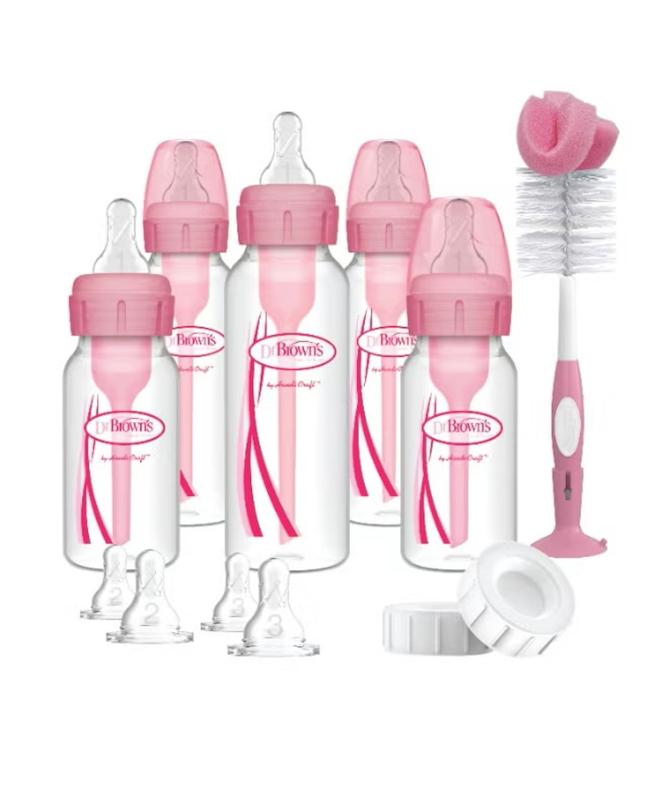 ست هدیه شیشه‌شیر ضدکولیک طلقی دهانه باریک صورتی دکتر براونز (Dr. Brown's Options+ PP Narrow Pink Gift Set)