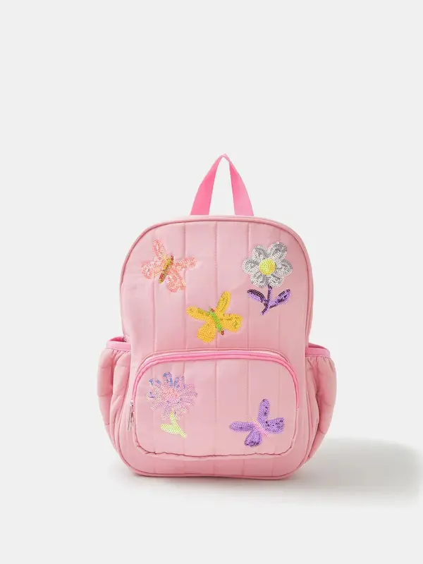 کوله‌پشتی دخترانه صورتی پفکی با پولک‌دوزی (برند Accessorize)