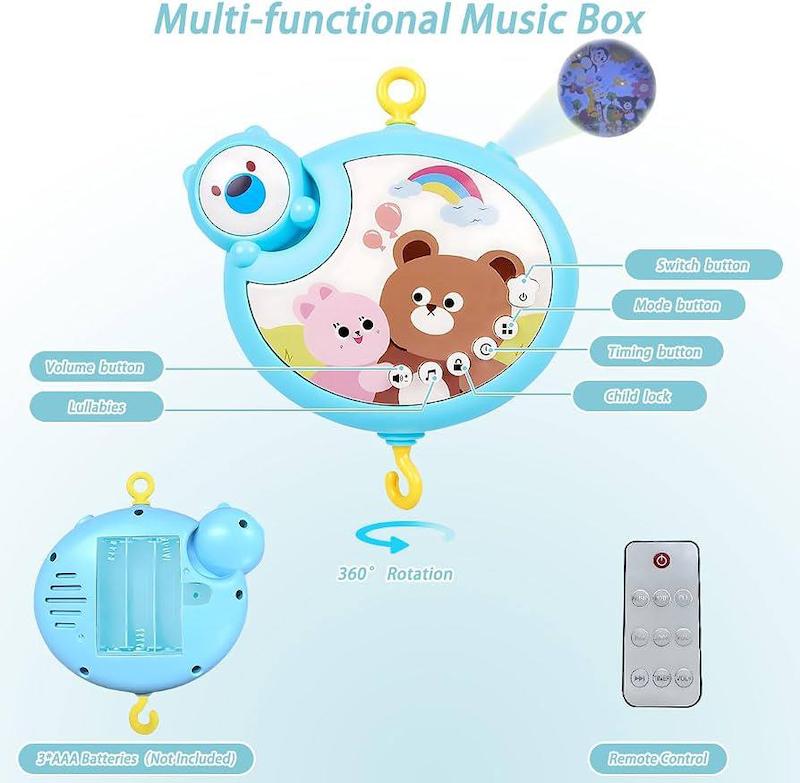 آویز تخت موزیکال و کنترل‌دار نوزاد مدل چرخان و چراغ‌دار | Baby Crib Mobile with Funny Rotation Musical Hanging Rattle