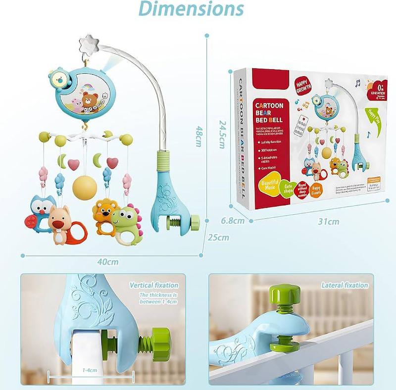 آویز تخت موزیکال و کنترل‌دار نوزاد مدل چرخان و چراغ‌دار | Baby Crib Mobile with Funny Rotation Musical Hanging Rattle