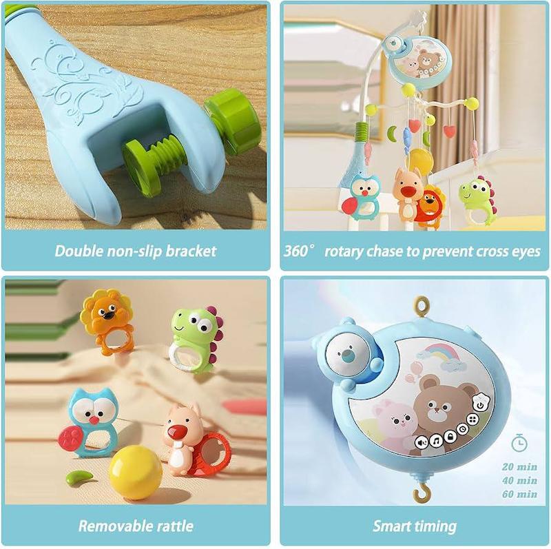 آویز تخت موزیکال و کنترل‌دار نوزاد مدل چرخان و چراغ‌دار | Baby Crib Mobile with Funny Rotation Musical Hanging Rattle