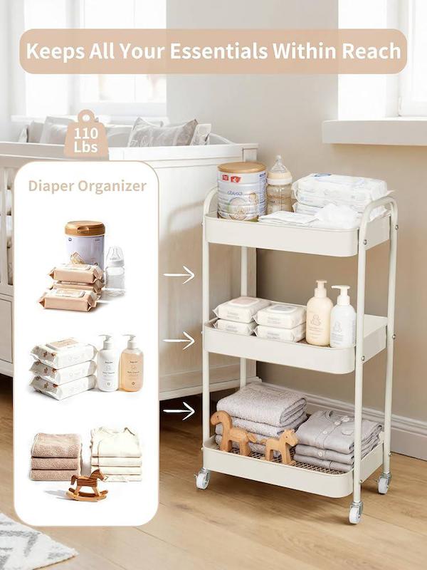 ترالی چرخ‌دار و نظم‌دهنده لوازم نوزاد ۲ در ۱ فرتلا | Fortella 2-in-1 Rolling Diaper Cart & Nursery Organizer