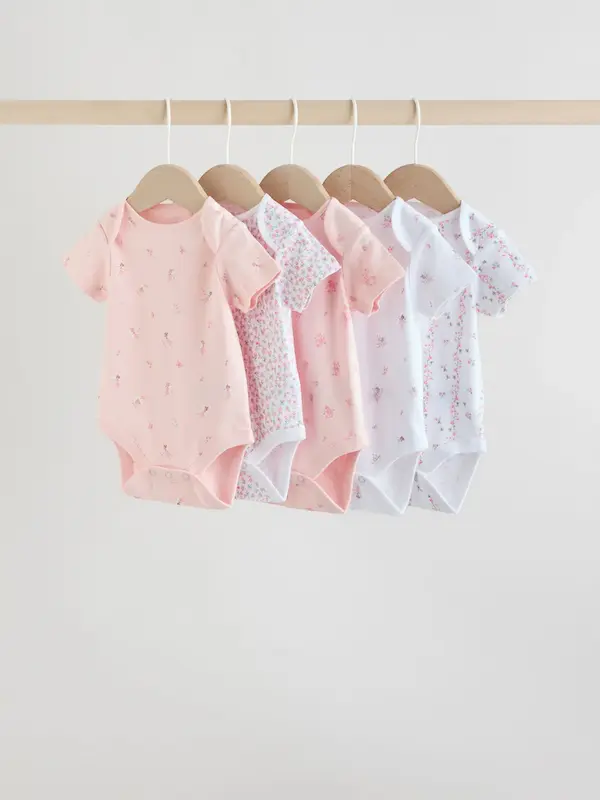 ست ۵ عددی بادی آستین کوتاه نوزادی صورتی و سفید گلدار |Next baby Bodysuits