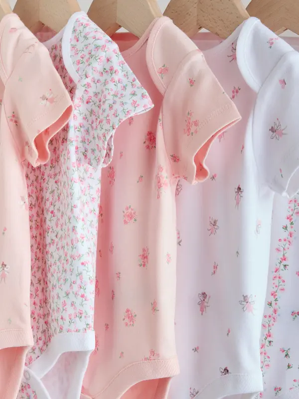 ست ۵ عددی بادی آستین کوتاه نوزادی صورتی و سفید گلدار |Next baby Bodysuits