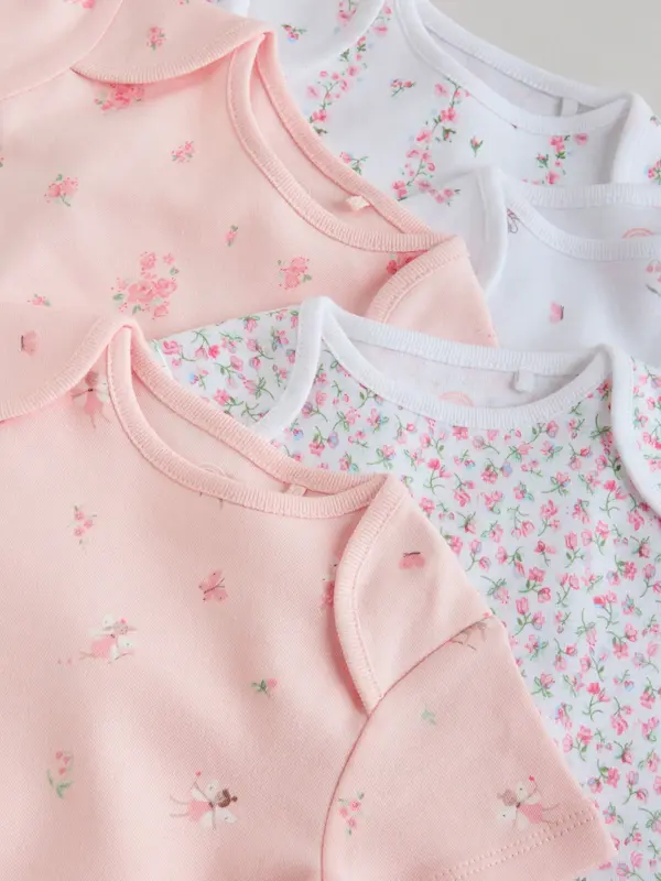 ست ۵ عددی بادی آستین کوتاه نوزادی صورتی و سفید گلدار |Next baby Bodysuits