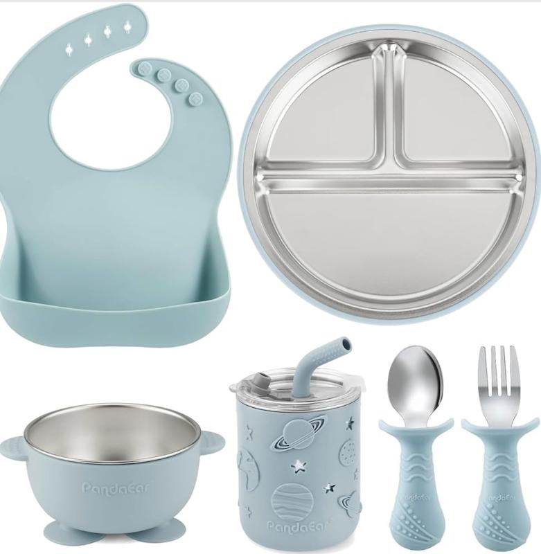 ست ۶ تکه غذاخوری استیل و سیلیکون  (PandaEar 6-in-1 Baby Feeding Set)