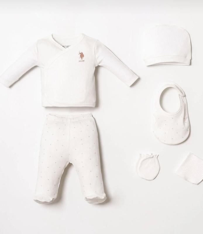 ست ۵ تکه بیمارستانی نوزادی دخترانه U.S. Polo Assn. سفید
