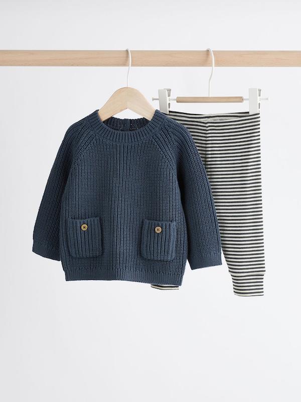 ست پلیور بافت جیب‌دار و لگینگ نوزادی آبی نکست | Next Blue Baby Knitted Jumper and Leggings Set