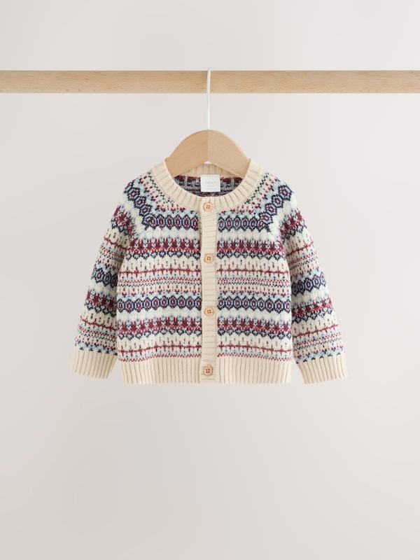 ست ژاکت بافت و لگینگ طرح‌دار نوزادی کرم نکست | Next Neutral Fairisle Knitted Cardigan and Legging Baby Set