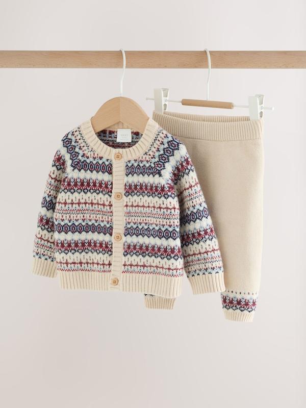 ست ژاکت بافت و لگینگ طرح‌دار نوزادی کرم نکست | Next Neutral Fairisle Knitted Cardigan and Legging Baby Set