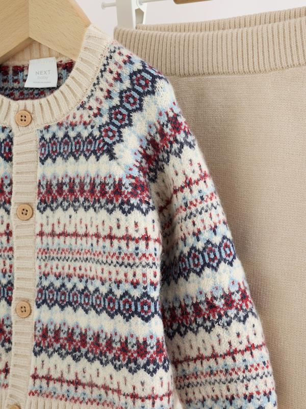 ست ژاکت بافت و لگینگ طرح‌دار نوزادی کرم نکست | Next Neutral Fairisle Knitted Cardigan and Legging Baby Set