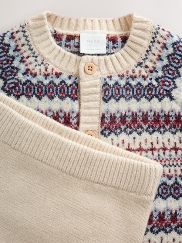 ست ژاکت بافت و لگینگ طرح‌دار نوزادی کرم نکست | Next Neutral Fairisle Knitted Cardigan and Legging Baby Set