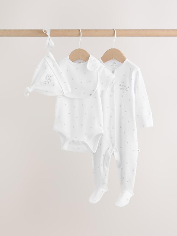 ست ۴ تکه سرهمی، بادی، کلاه و پیش‌بند نوزادی سفید نکست | Next baby clothes 
