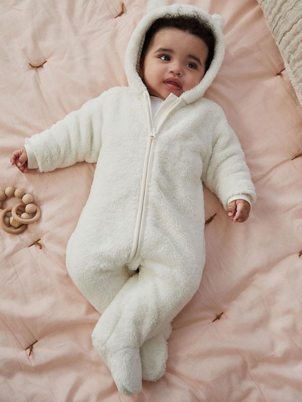 سرهمی کلاه‌دار پشمی و گرم نوزادی اکرو نکست | Next Ecru Baby Cosy Fleece  Hooded All-In-One