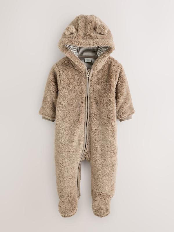 سرهمی کلاه‌دار پشمی نوزادی قهوه‌ای نکست |  Brown Fleece Hooded Baby Pramsuit