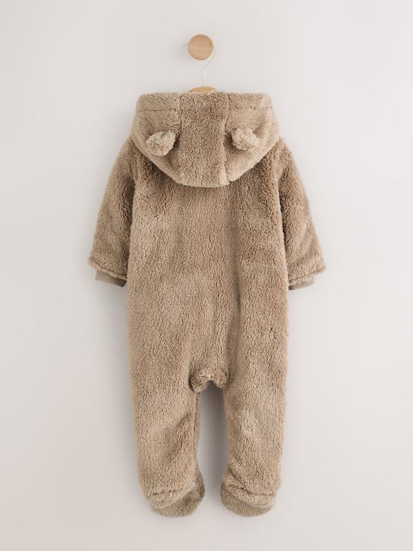 سرهمی کلاه‌دار پشمی نوزادی قهوه‌ای نکست |  Brown Fleece Hooded Baby Pramsuit