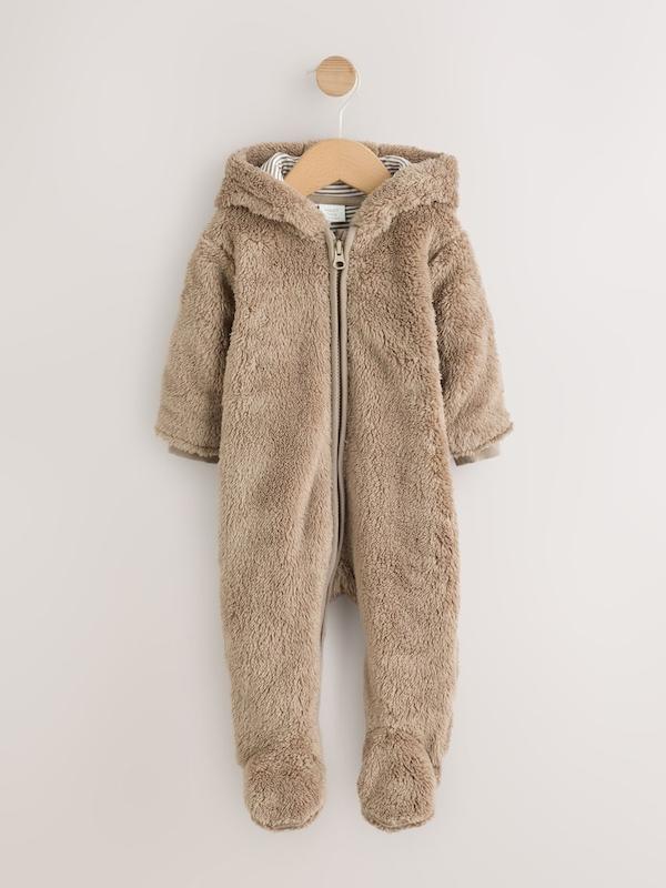 سرهمی کلاه‌دار پشمی نوزادی قهوه‌ای نکست |  Brown Fleece Hooded Baby Pramsuit