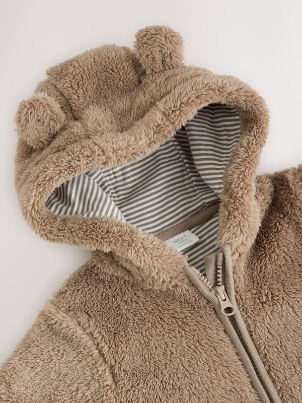 سرهمی کلاه‌دار پشمی نوزادی قهوه‌ای نکست |  Brown Fleece Hooded Baby Pramsuit