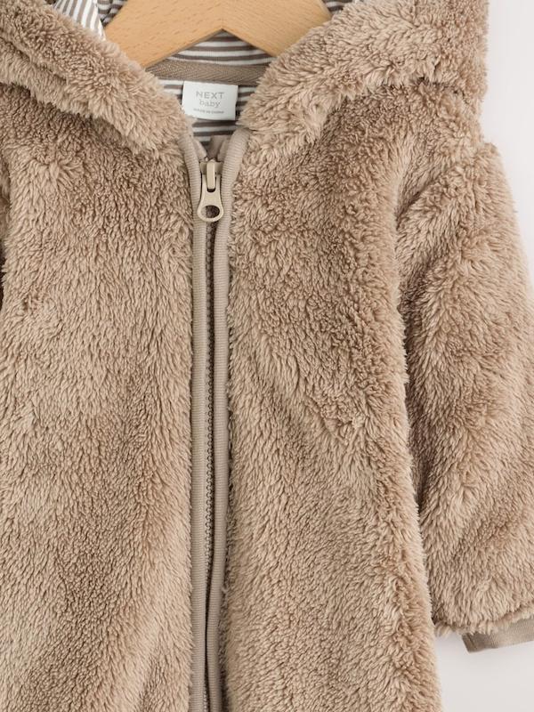 سرهمی کلاه‌دار پشمی نوزادی قهوه‌ای نکست |  Brown Fleece Hooded Baby Pramsuit